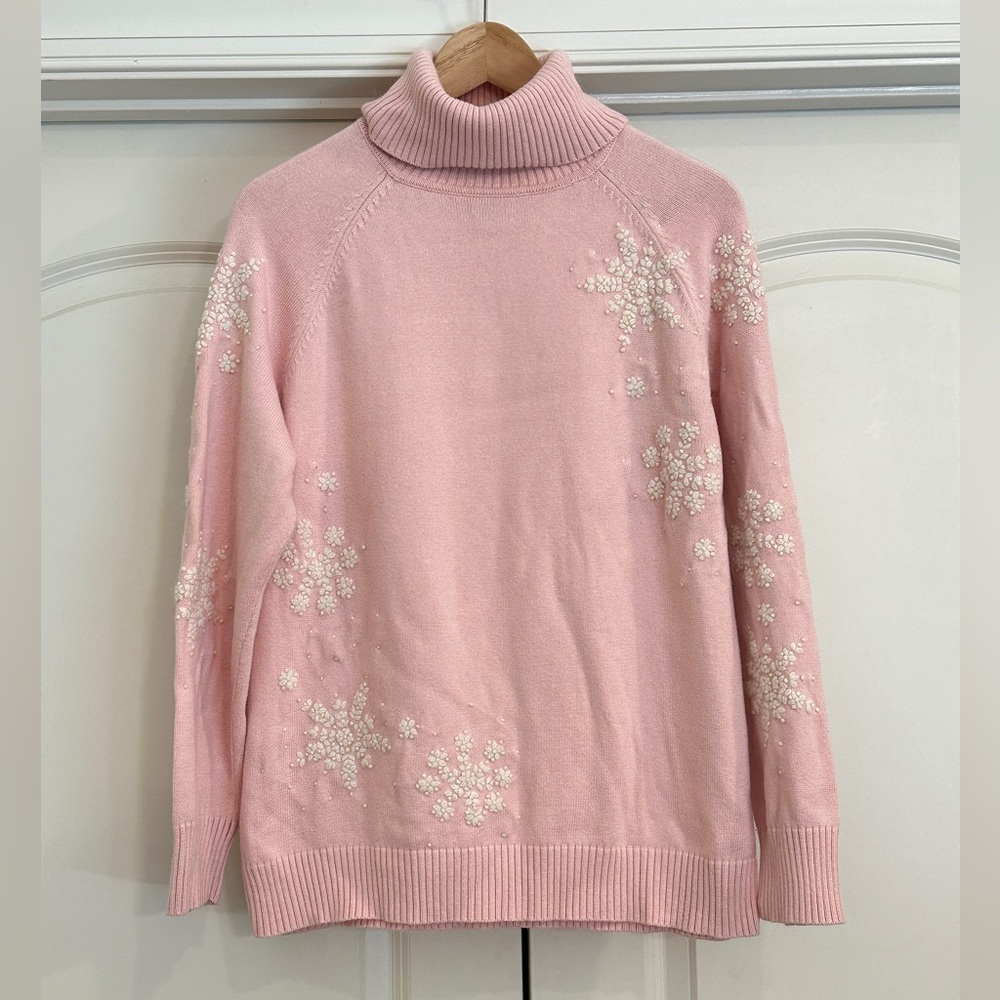 Eddie Bauer Angora Blend Turtleneck Pink Sweater with Ivory Snowflake Accents